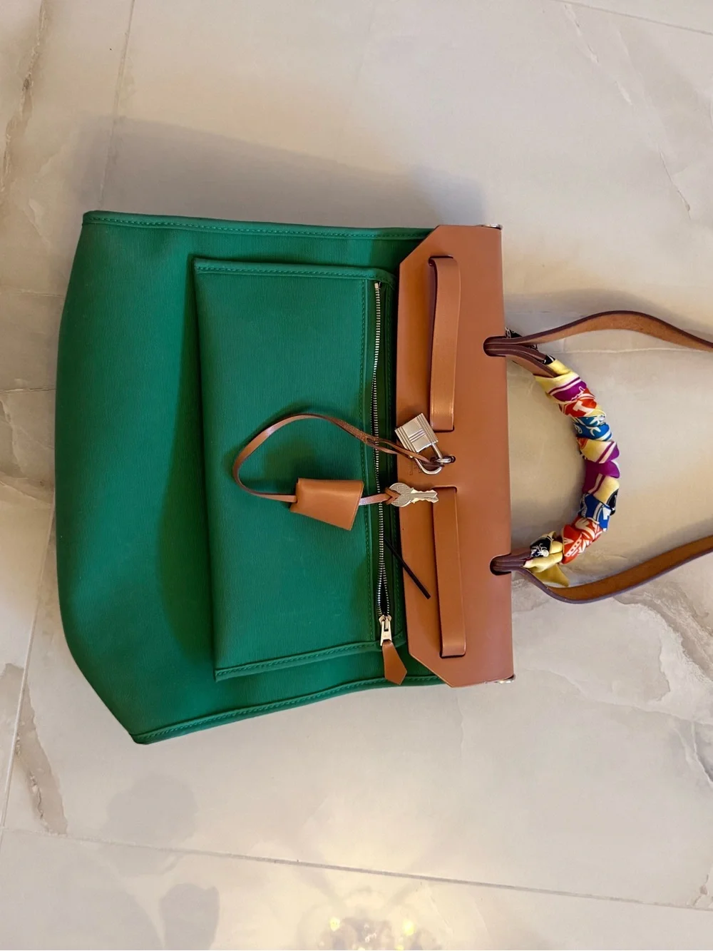 HERMES HER BAG GREEN WITH BROWN